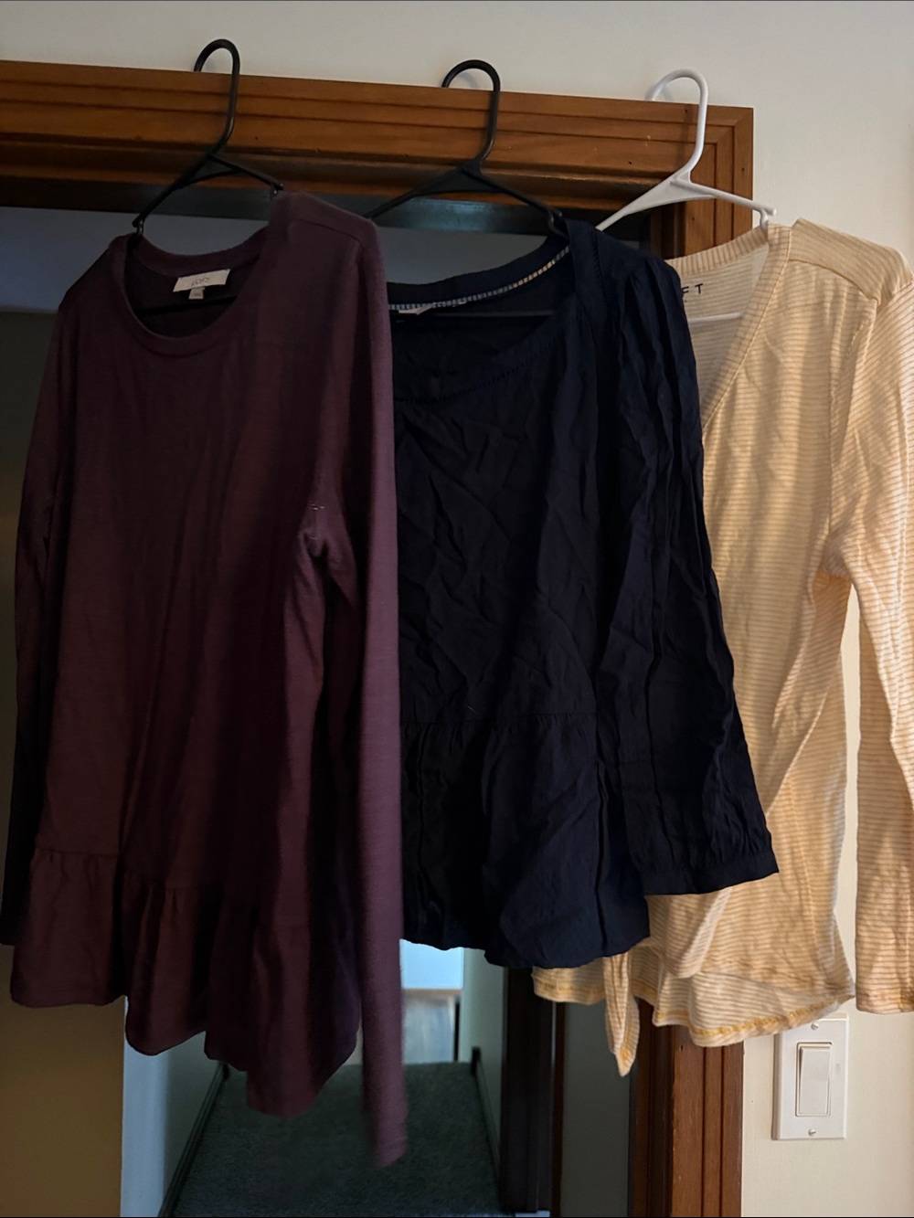 LOFT Long Sleeve Boatneck Top in Plum, Navy & Cream